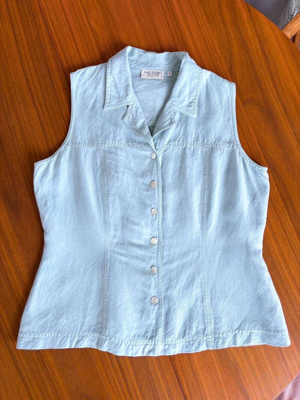 Vintage Anne Brooks Blouse Petite 14 Linen Sleeveless 90s Minimalism Coastal Y2K